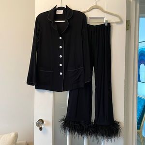 Sleeper Women’s Pajama Party Set Ostrich Feathers Black Double Feather Trim XS